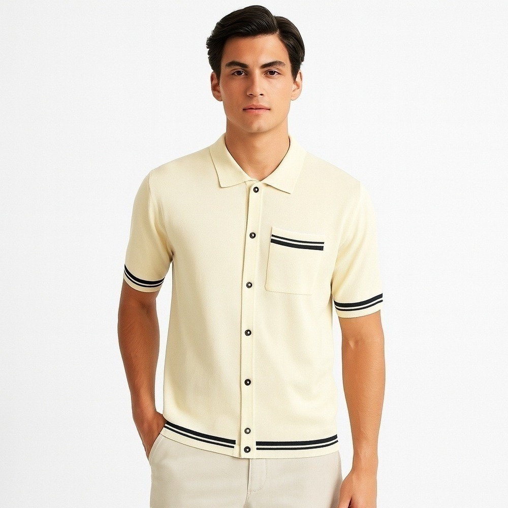 Ike‎ Behar Men's Modal Short Sleeve Button Up Knit Polo Shirt - Ecru- Size XXL
